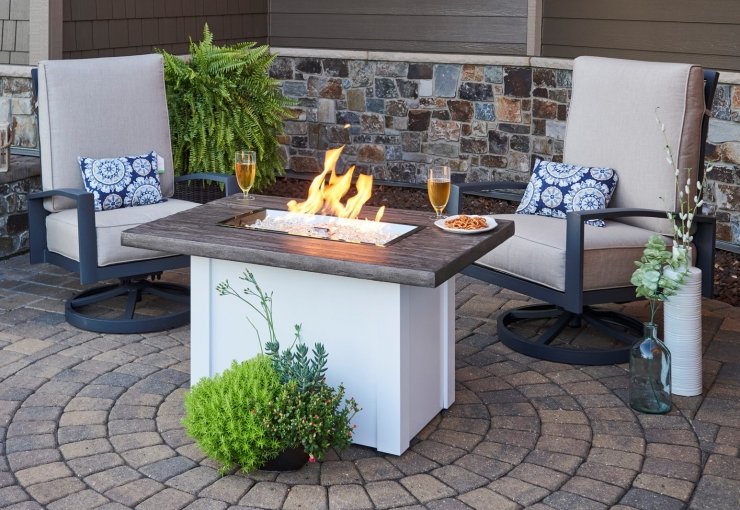 The Outdoor GreatRoom Company Driftwood Havenwood Rectangular Gas Fire Pit Table with White Base