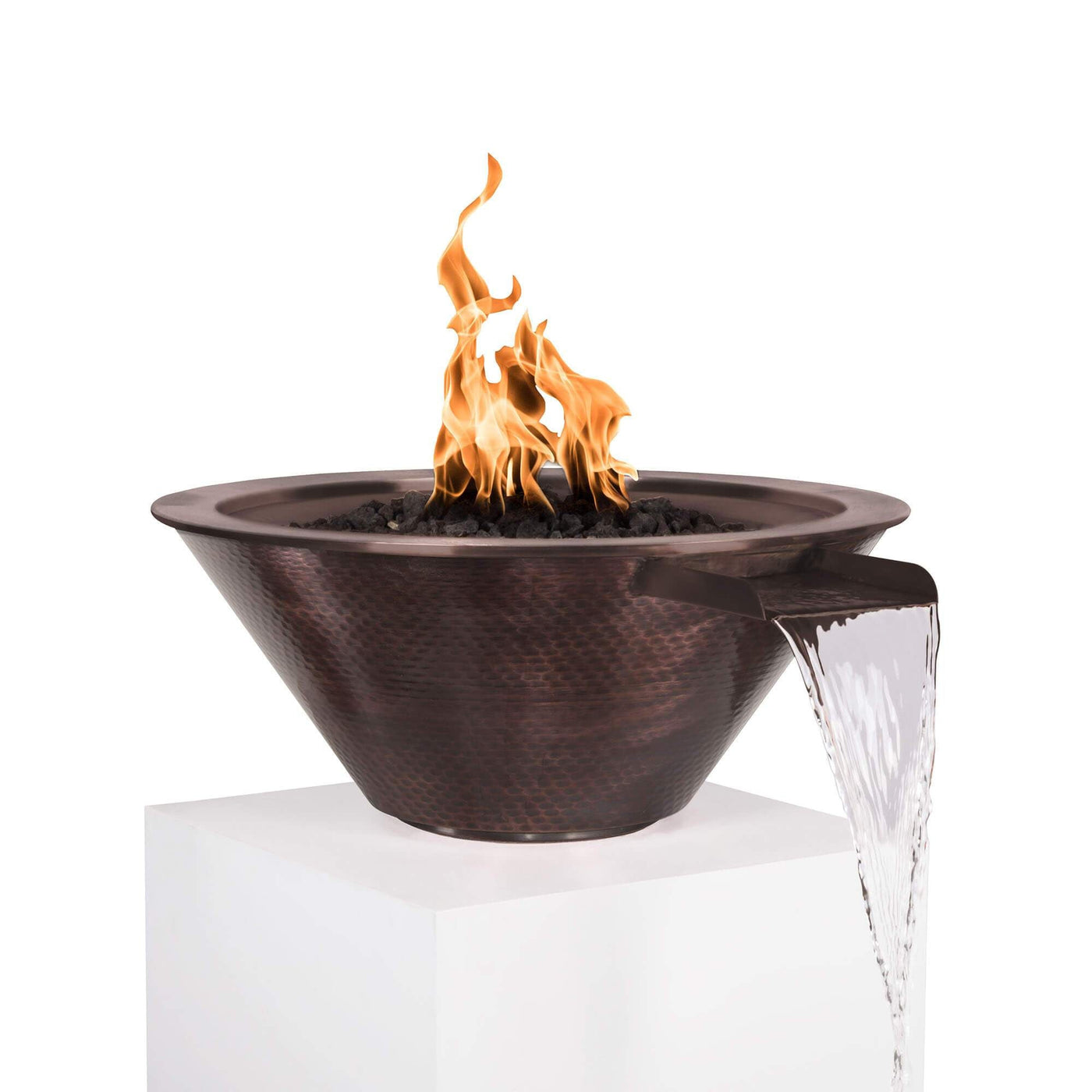 The Outdoor Plus Cazo Copper Fire & Water Bowl with flame on a white background